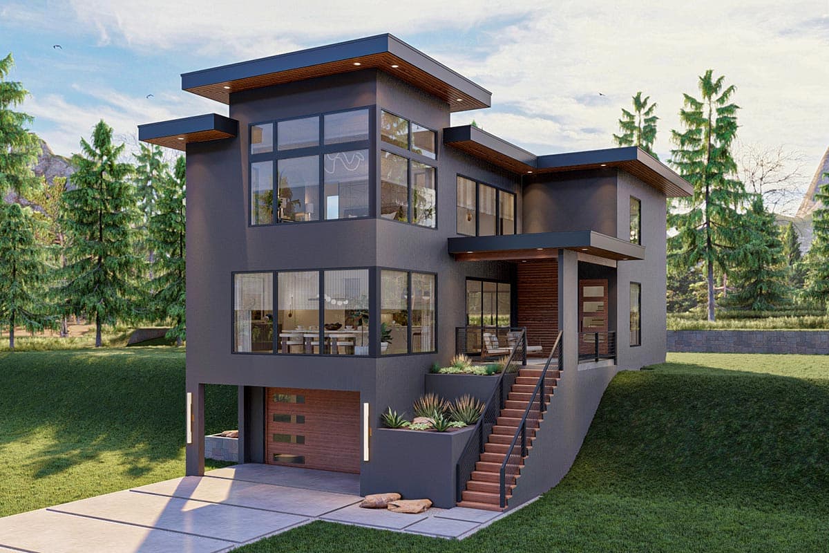 House plan exterior. Modern style, two stories. Features include a cantilevered roof, integrated garage, and a raised entry with a staircase.