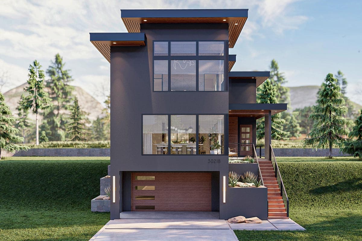 Modern house plan exterior with a three-story dark stucco facade, cantilevered rooflines, and large windows.