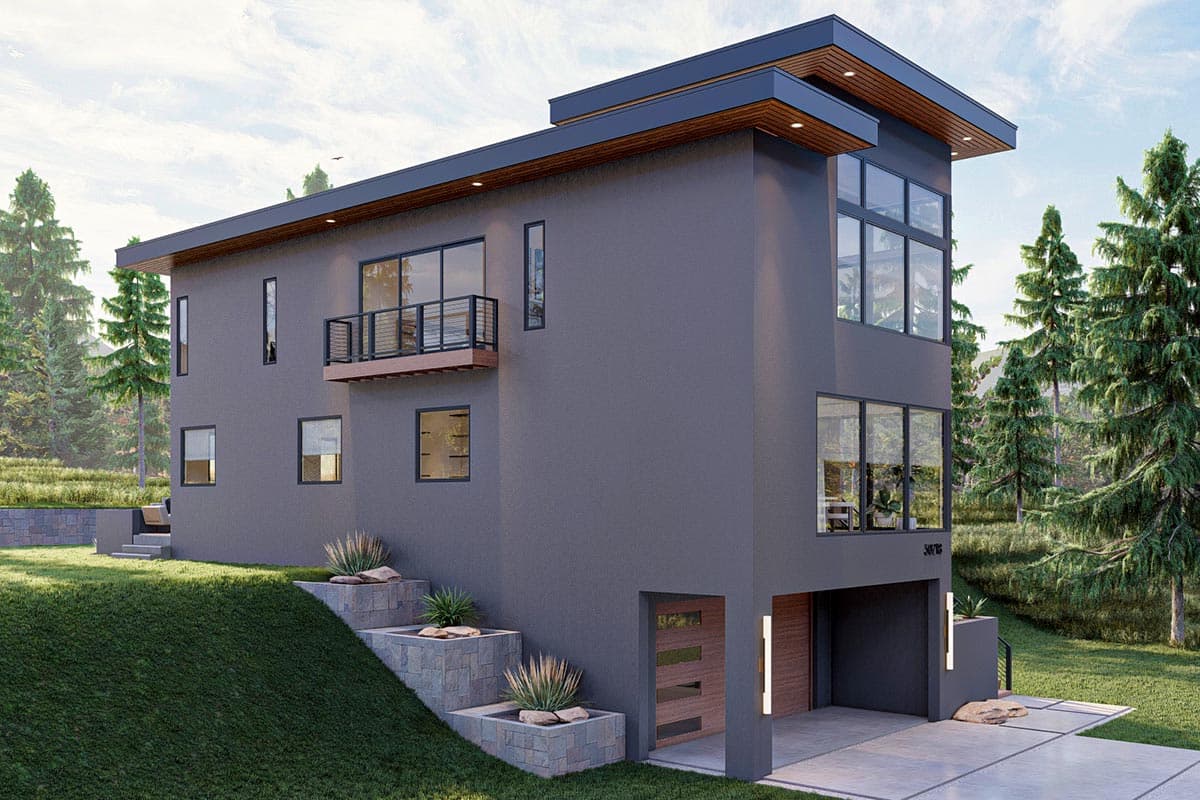 Modern house plan exterior, three stories, flat roof, balcony, and multiple large windows.