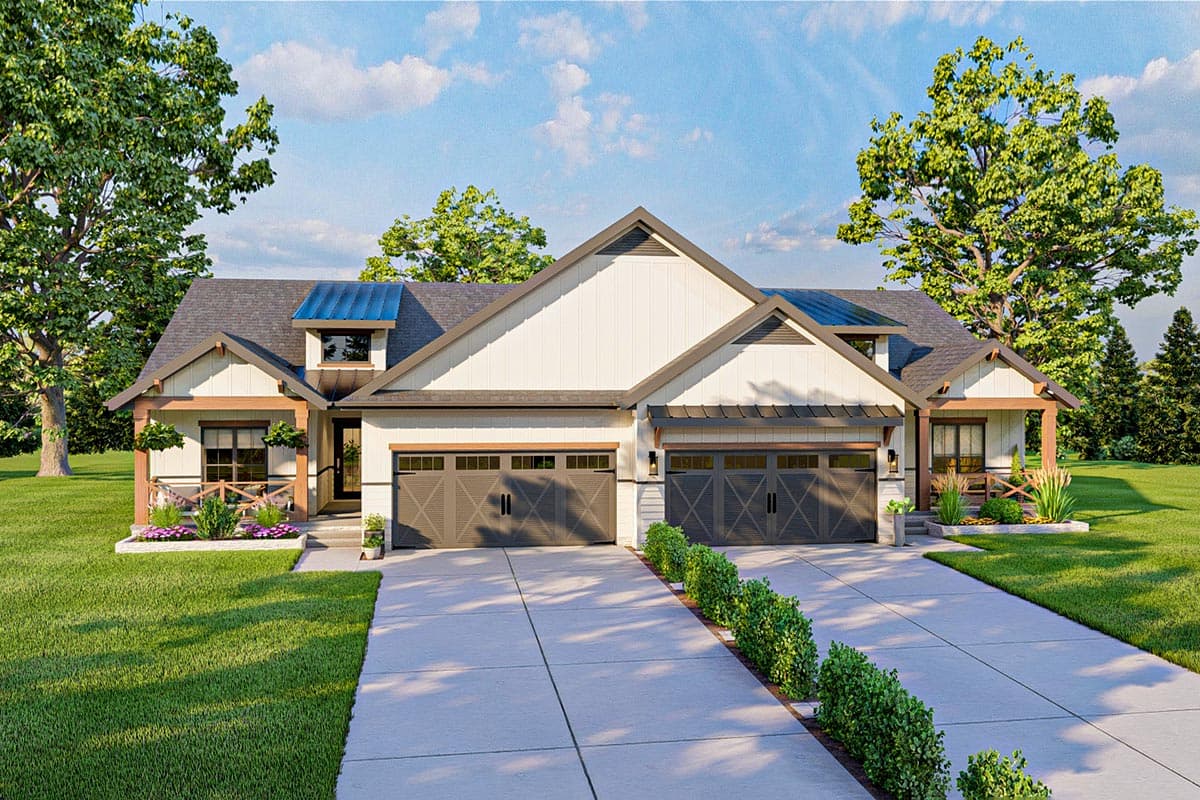 House plan exterior. Modern Farmhouse style with two stories, two attached garages, covered porch, and gabled rooflines.