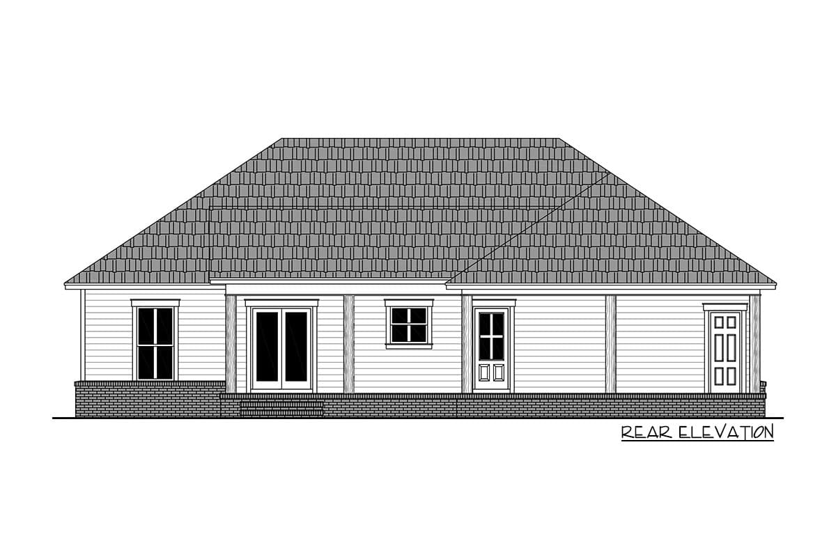 Rear elevation of a house plan showing a hip roof, porch columns, multiple doors, and windows.