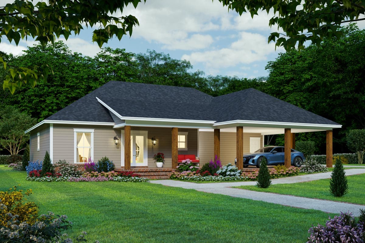 House plan exterior: single-story ranch with covered front porch, columns, gables, and attached carport.