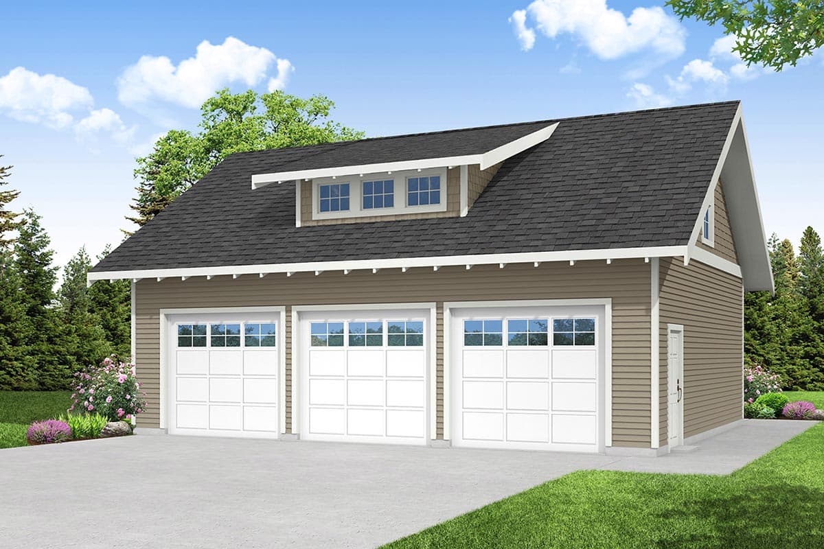 House plan exterior. Two-story garage with three garage doors and a dormer. Features include a gable roof and lap siding.