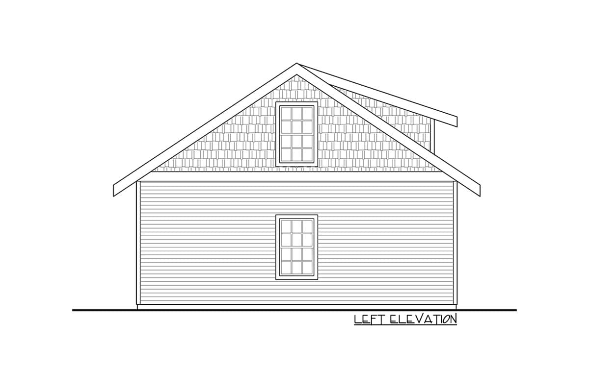 Left elevation drawing of house plan, showing lap siding, a gable roof with shingles, and two windows.