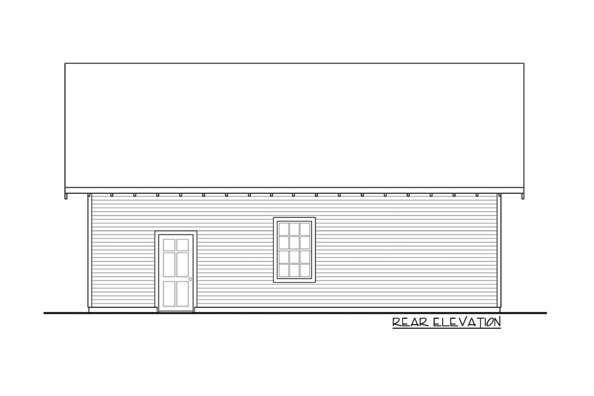 Rear elevation drawing of a house plan featuring horizontal siding, a six-panel door, and a multi-pane window.