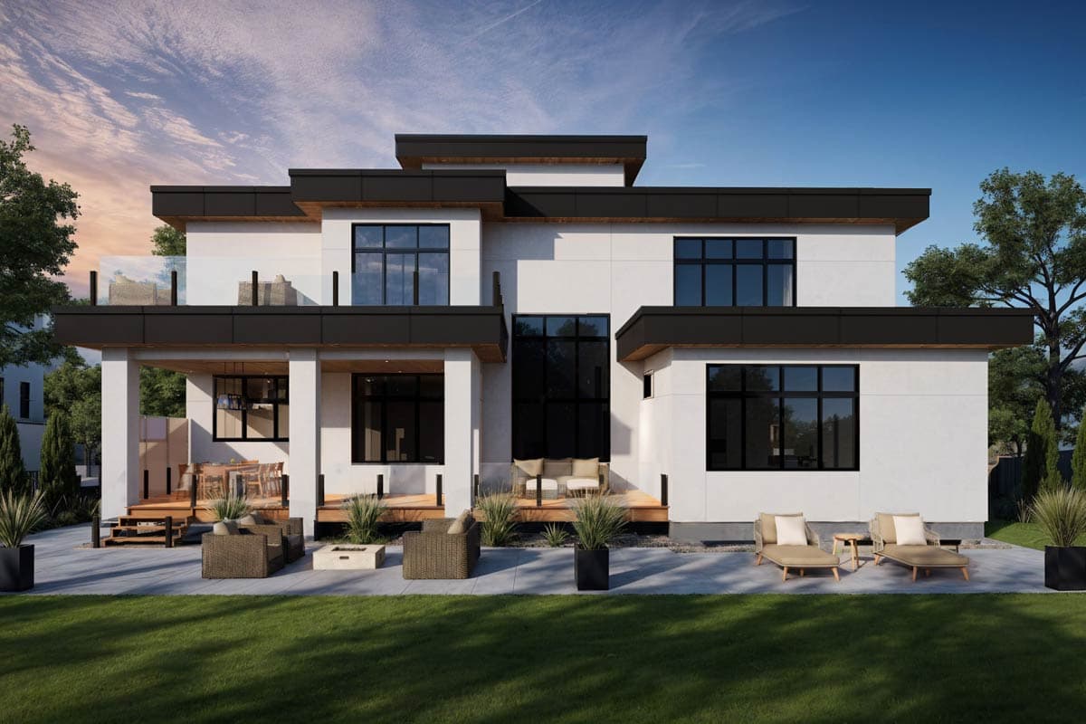 Modern house plan exterior with a flat roof, dark trim, large windows, and an outdoor covered patio with seating.