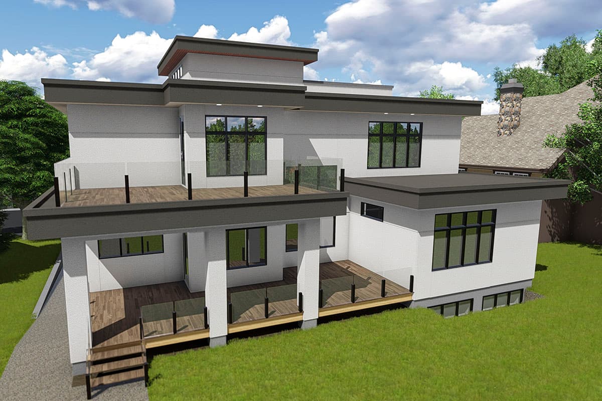 Modern house plan exterior with multiple levels, flat rooflines, large windows, and extensive decking with glass railings.
