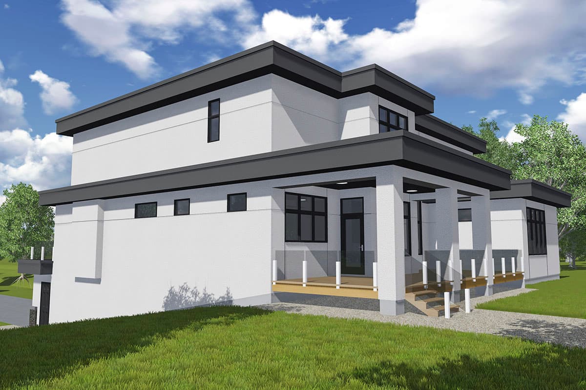 Modern house plan exterior, two stories, flat roof, white stucco, prominent dark trim, covered entry with glass railings.