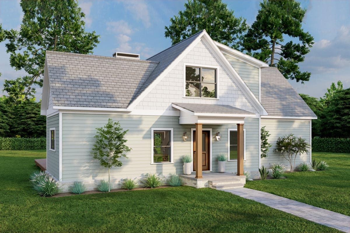 House plan exterior: Two-story Modern Farmhouse with gables, dormers, porch with wood columns, and lap siding.