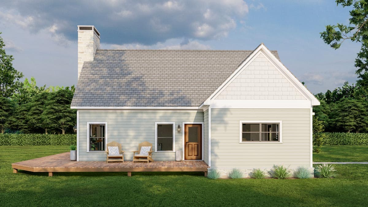 House plan exterior rendering of a one-story home with a large deck, gabled roof, and stone chimney.