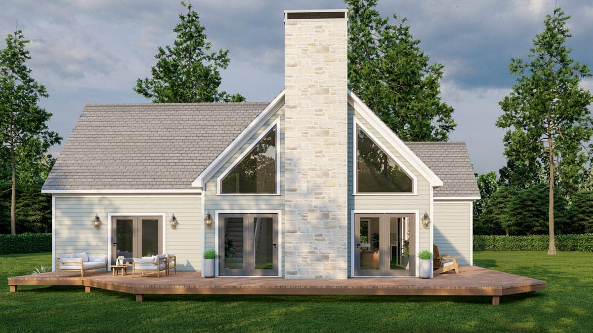 House plan exterior: Two-story modern farmhouse with stone chimney, triangular upper windows, and wrap-around deck.
