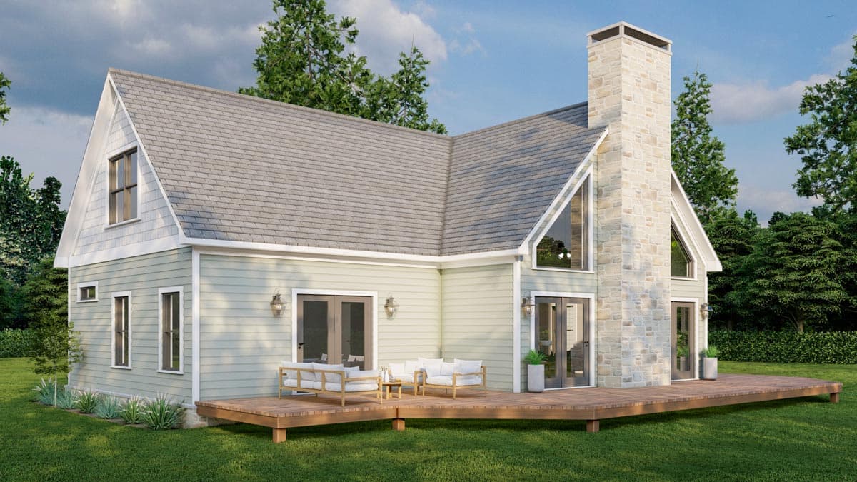 House plan exterior: Modern farmhouse style, two stories, with gables, a stone chimney, and a large deck.