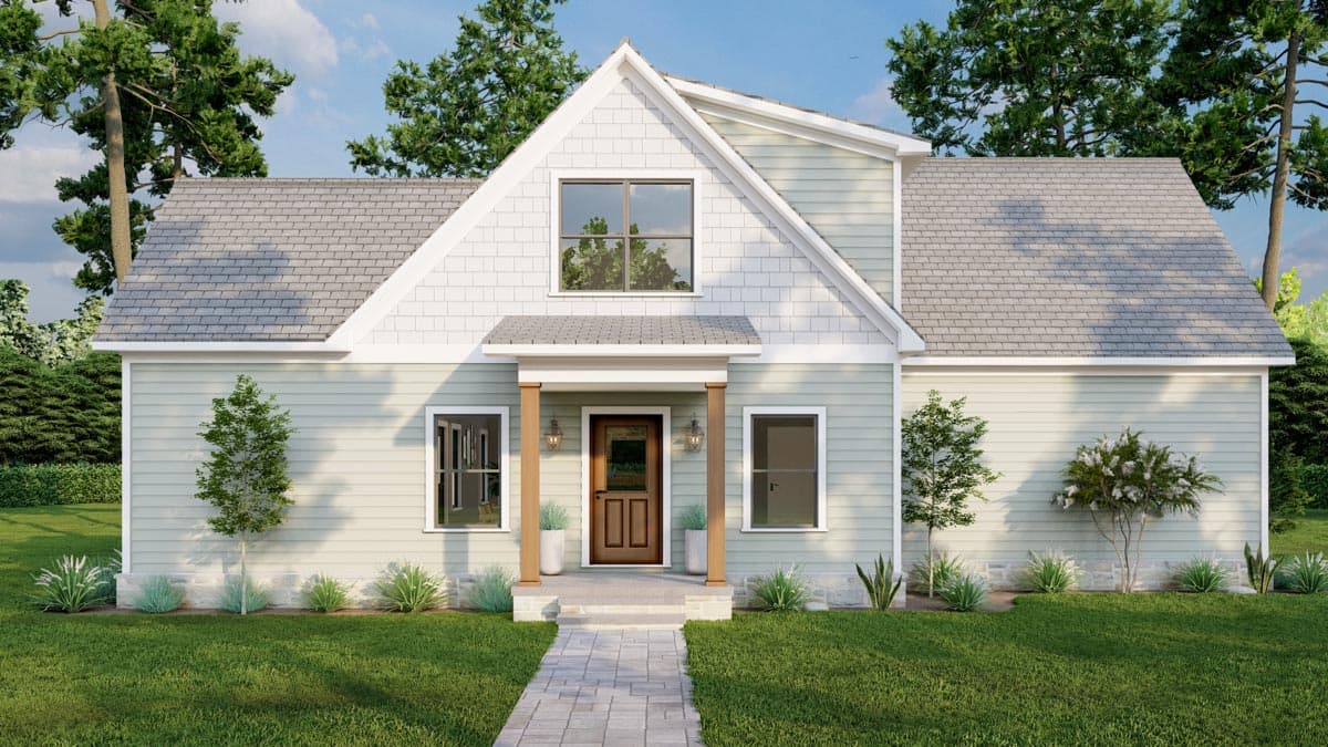 House plan exterior. Two-story home with a gabled roof, entry porch with columns, and a front-facing gable over the entryway.