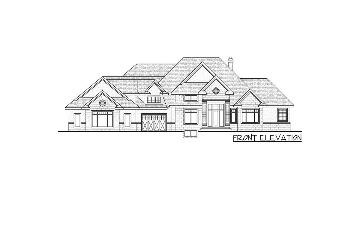 Front elevation drawing of a single-story house plan with a prominent gable, attached garage, and covered entryway.