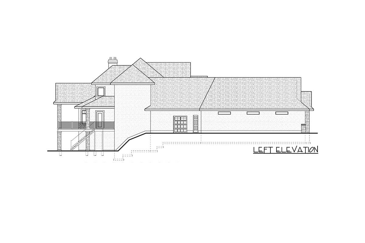 Left elevation of a two-story house plan with a gabled roof, dormer, chimney, porch, and garage.