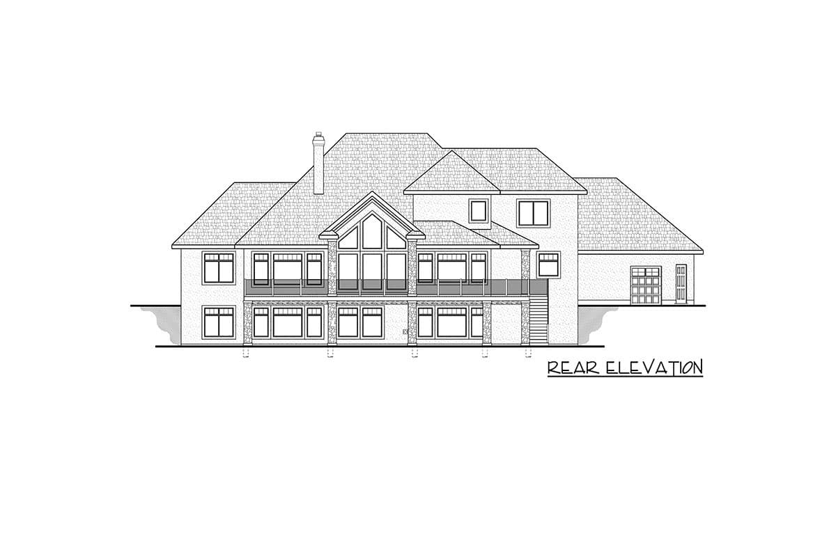 Rear elevation drawing of a large house plan with a two-story great room, extensive windows, and a deck.