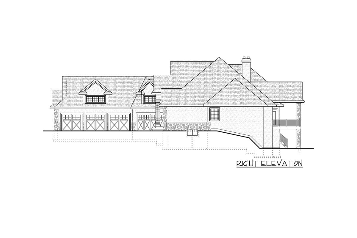Right elevation house plan showing a multi-story home with a five-car garage, dormers, gables, and stone accents.