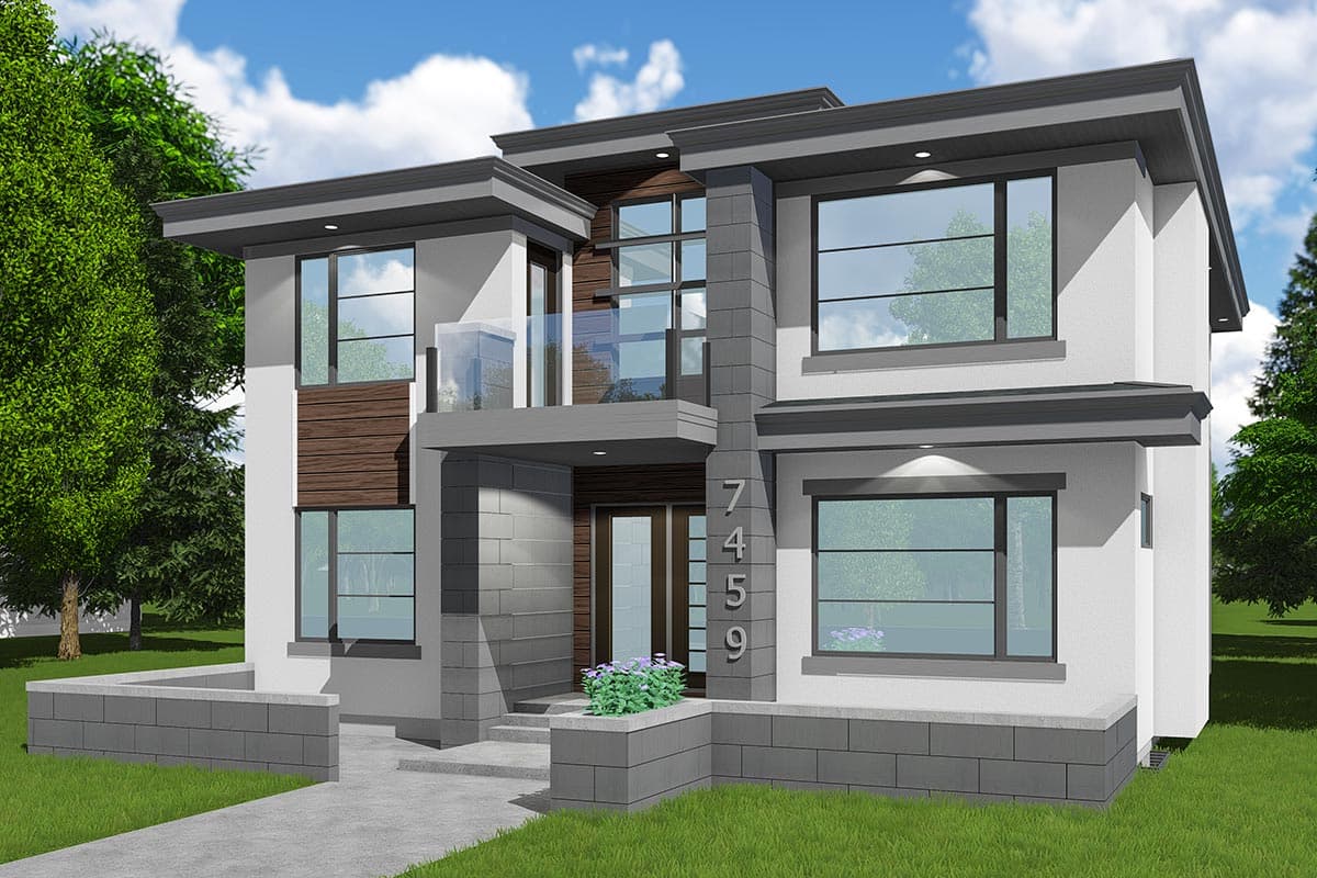 Modern house plan exterior. Two stories with flat rooflines, cantilevered balcony, multiple large windows, and wood accent panels.