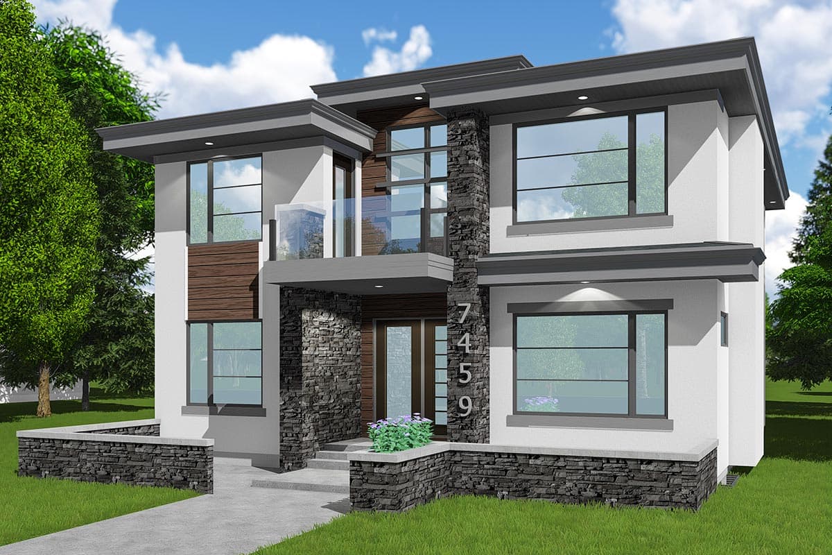 Modern house plan exterior with stone accents, multiple large windows, a second-story balcony, and flat rooflines.