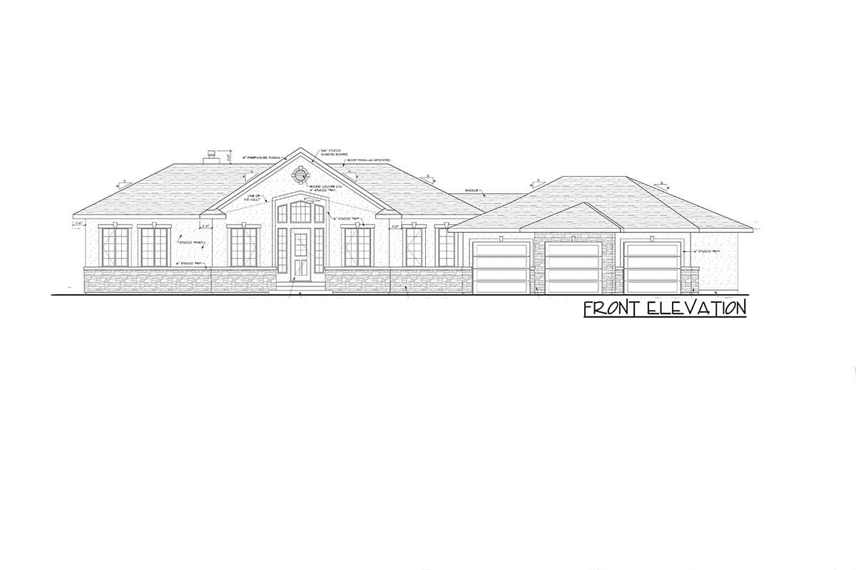 Front elevation architectural drawing of a single-story house with a three-car garage and stone base.