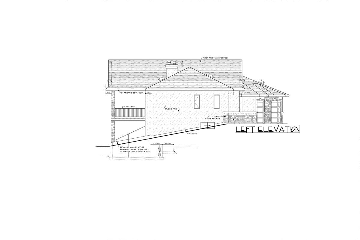 Left elevation house plan showing a two-story structure with stucco finish, wood deck, stone returns, and sloped grade.