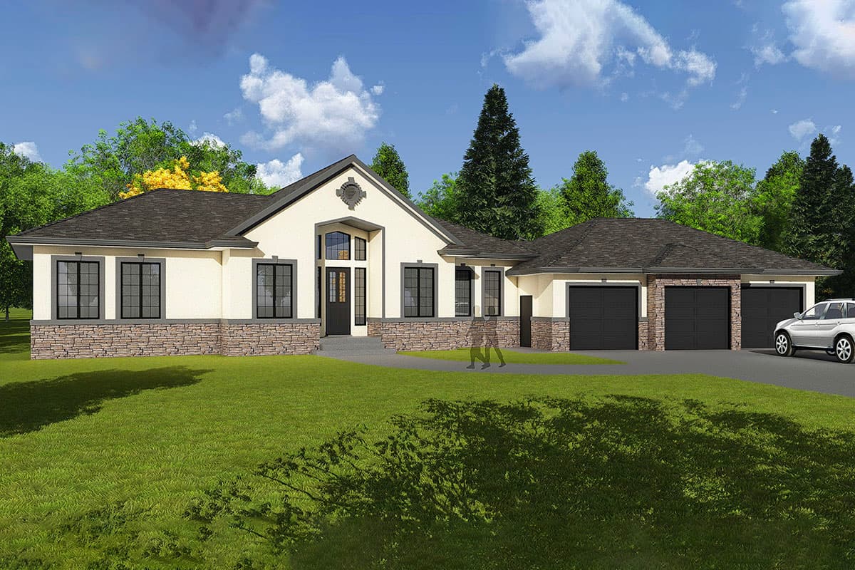 House plan exterior with stone veneer, multiple gables, and a three-car garage. Features include a front entry with transom windows.