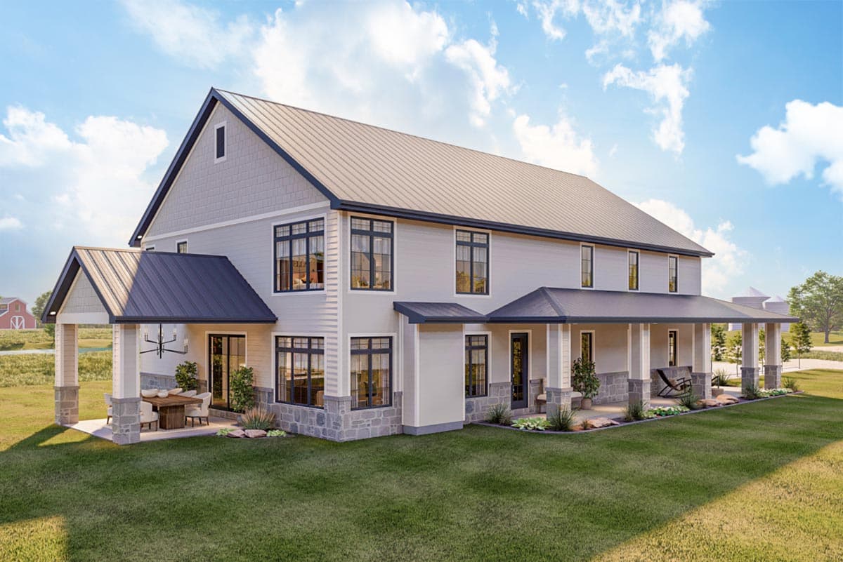 House plan exterior. Two-story Modern Farmhouse with a gabled roof, a covered porch, and a metal roof. Features include large windows.