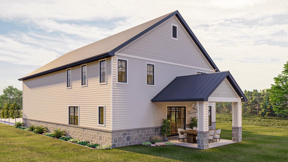 Modern Farmhouse house plan exterior, two stories, with gabled roof, siding, stone foundation, and covered patio.