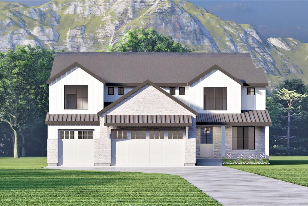 Modern farmhouse house plan exterior with two stories, two-car garage, metal roof accents, and gabled rooflines.