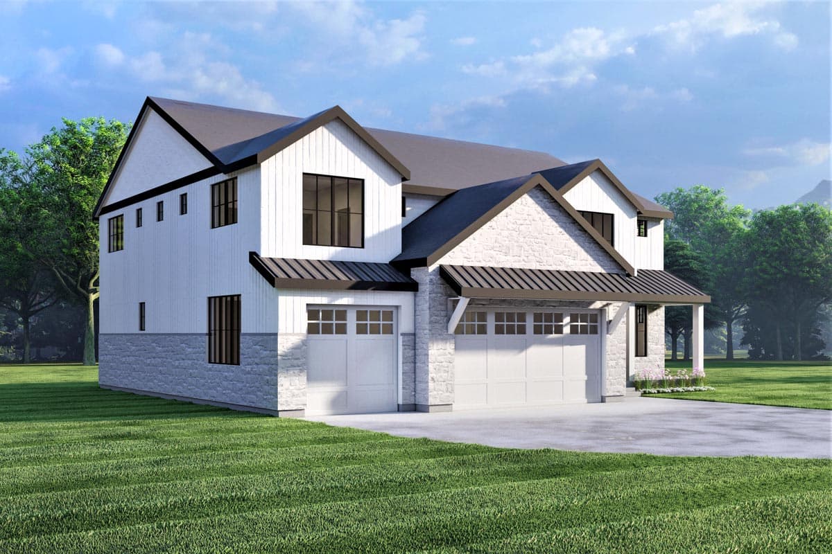House plan exterior: Two-story Modern Farmhouse with a three-car garage, stone and board-and-batten siding, and metal roof overhangs.