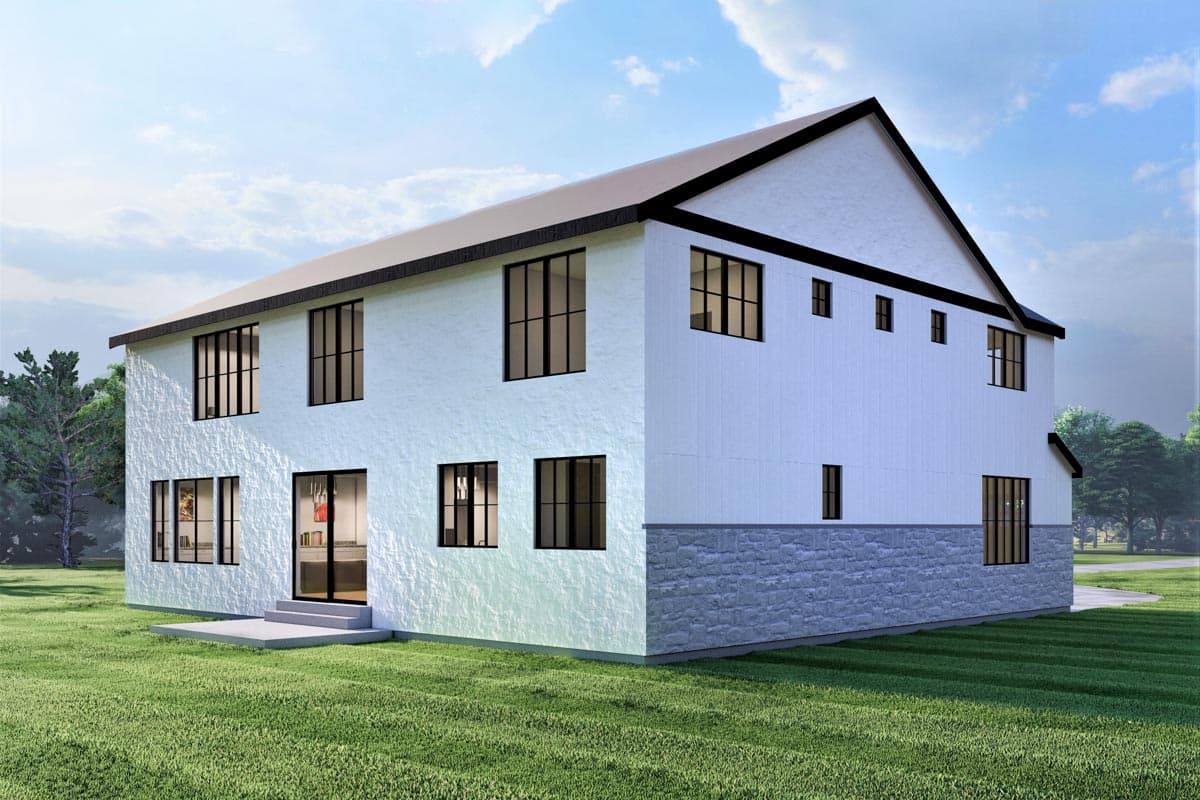 House plan exterior view of a two-story modern barn-style home with stone base, white siding, and dark-framed windows.