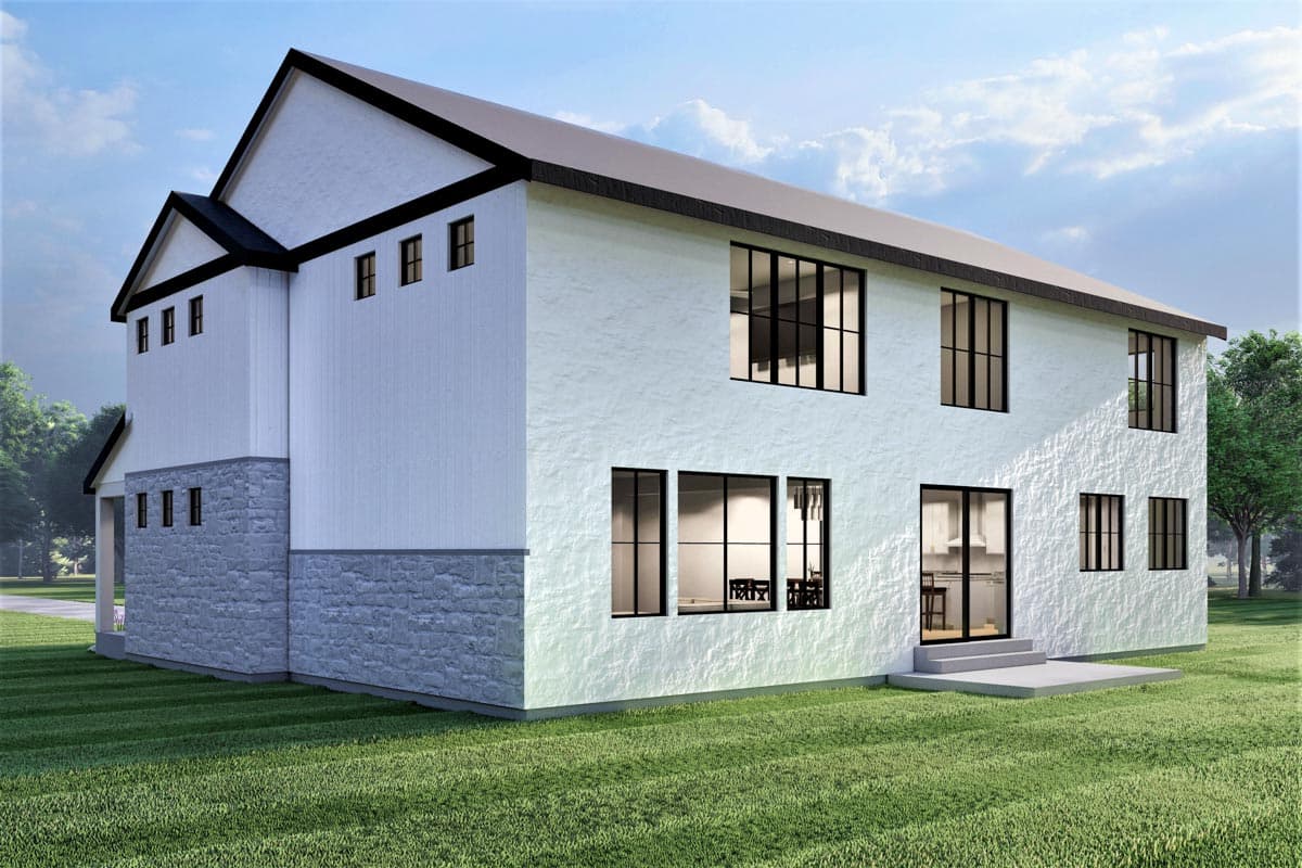 Modern house plan exterior, two stories, white stucco and stone base, dark framed windows, gabled roof.