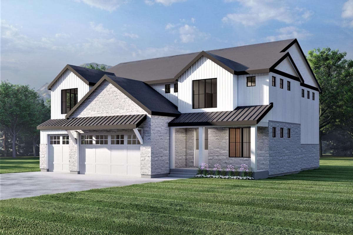 Modern Farmhouse house plan exterior with stone accents, two-car garage, and prominent gables.