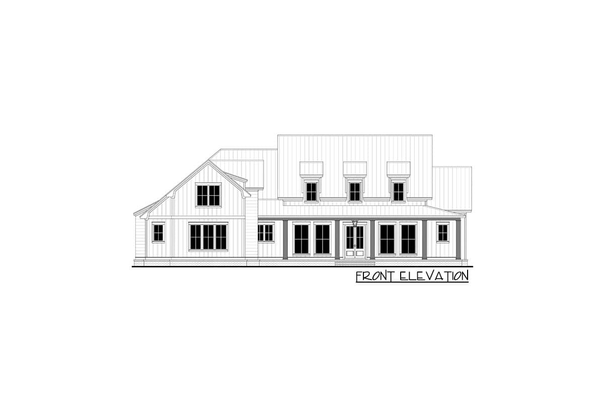 Front elevation drawing of a two-story house plan with a wraparound porch, gables, and dormer windows.