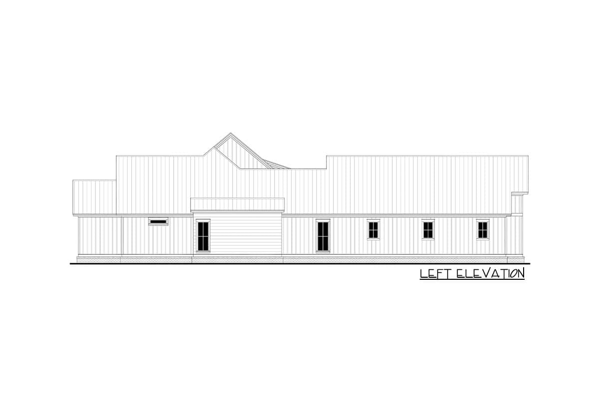 Left elevation drawing of a house plan featuring gabled rooflines and multiple windows.