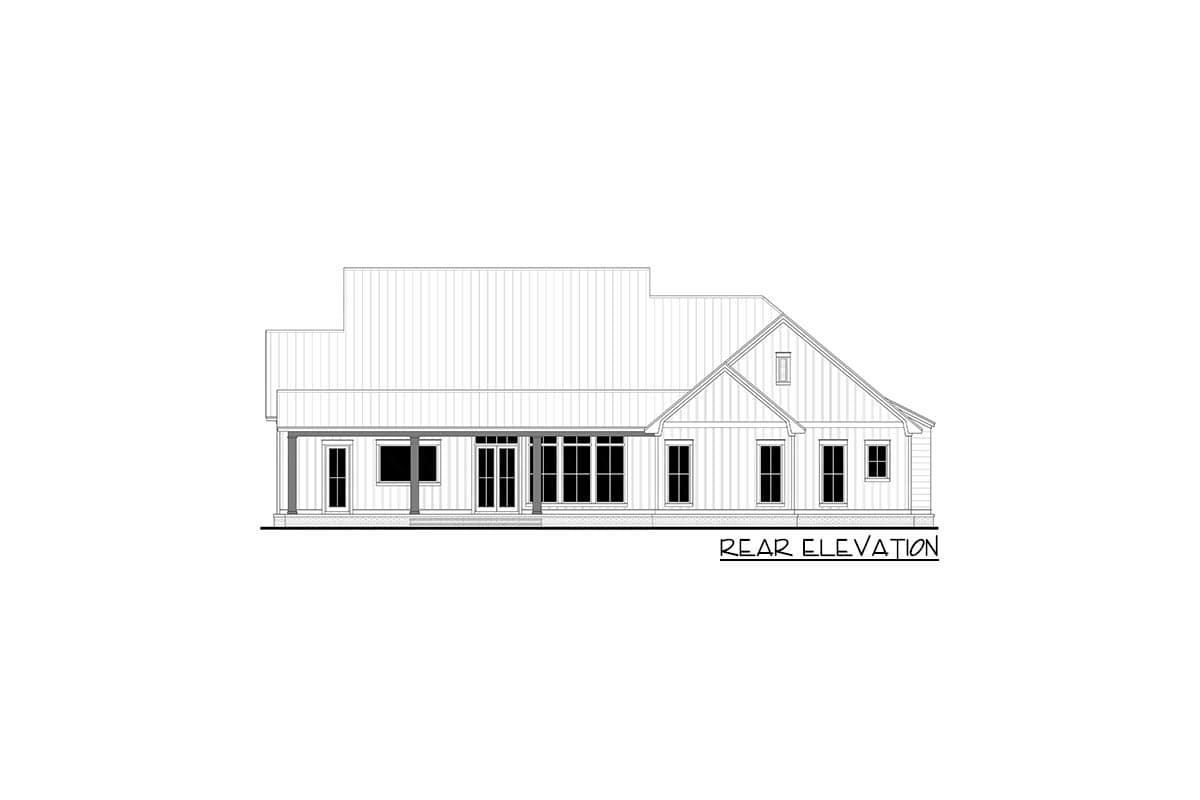 Rear elevation drawing of a single-story house plan with a wraparound porch and gabled roofline.
