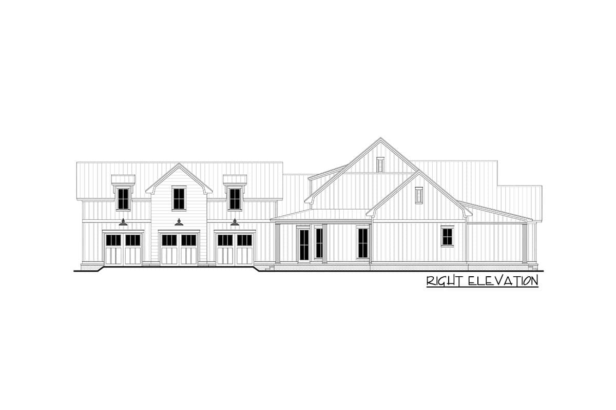 Right elevation house plan drawing with a side-gabled roof, dormers, three garage bays, and a covered porch.