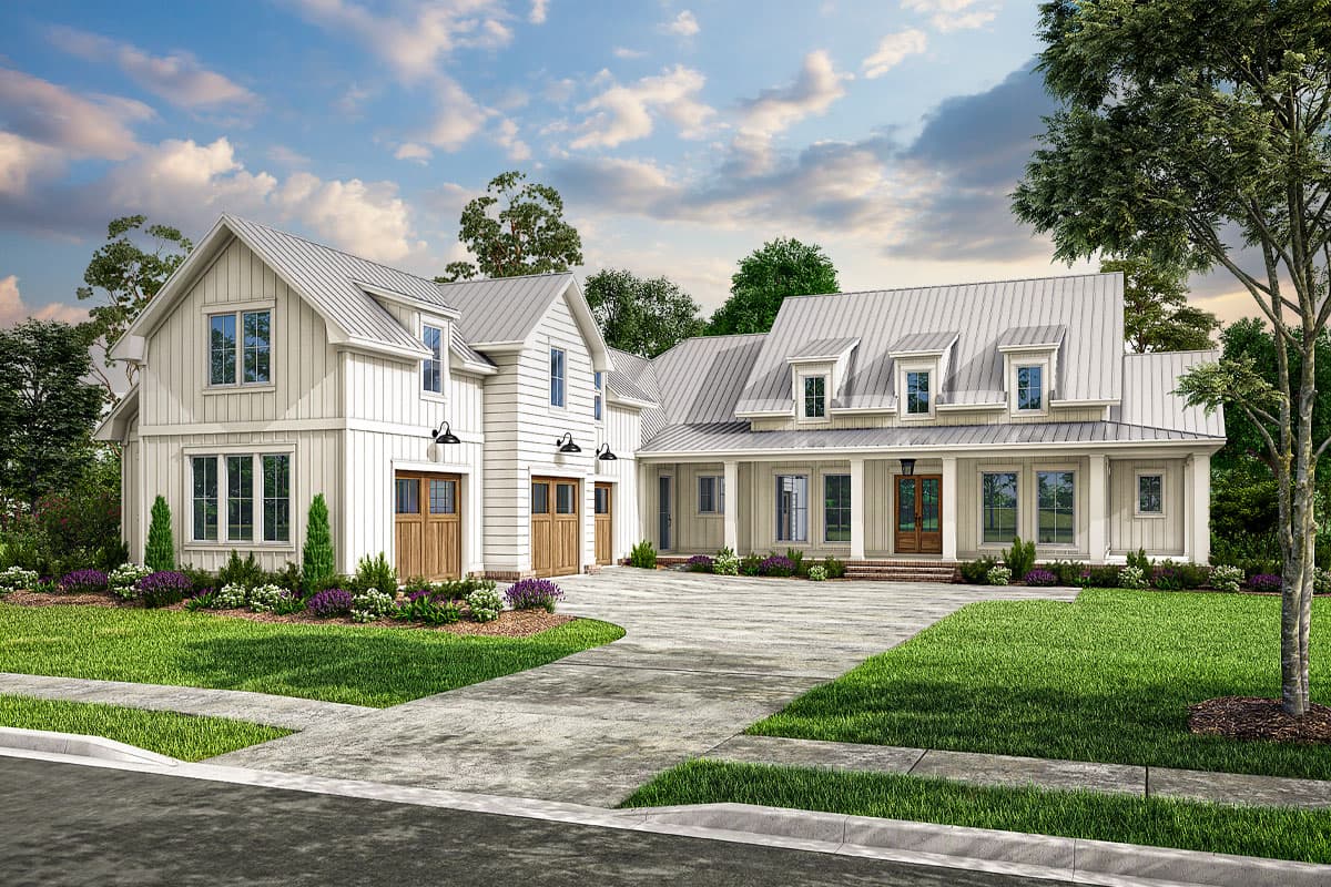 House plan exterior. Modern Farmhouse style with metal roof, dormers, and a covered porch. Features a two-car garage and gabled rooflines.