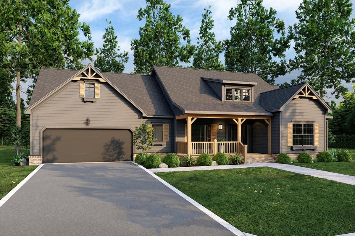 House plan exterior with Craftsman style. Features include a front porch, gables, and a dormer. Garage is oriented to the front.