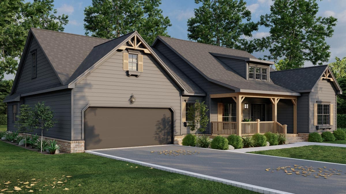 House plan exterior: Modern Farmhouse style, two stories, with a pitched roof, front-facing garage, and covered porch.