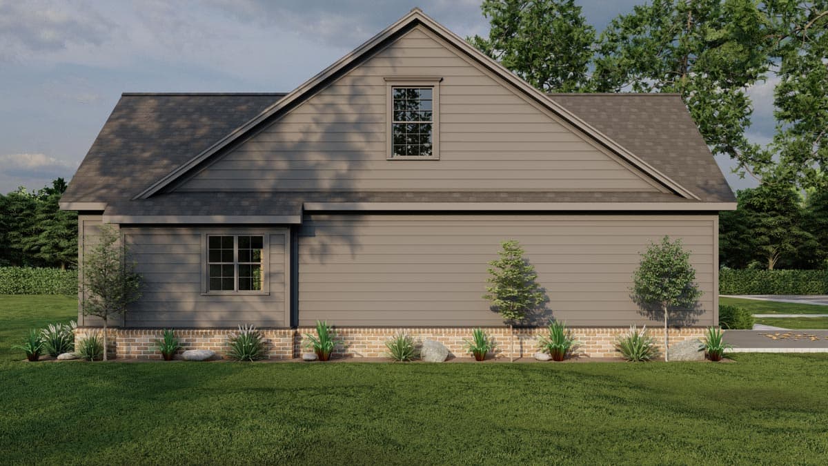 House plan exterior: Two-story home with gabled roof, vinyl siding, brick foundation, and multiple windows.