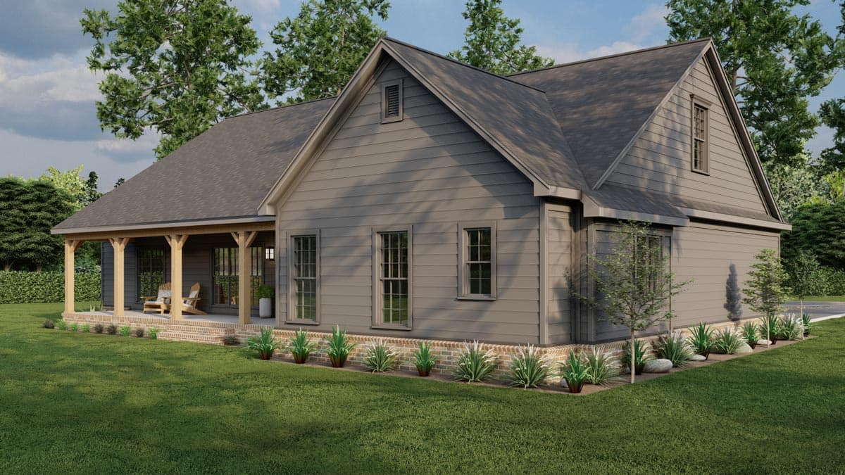 House plan exterior with a covered porch supported by wood columns, multiple gables, and vinyl siding.