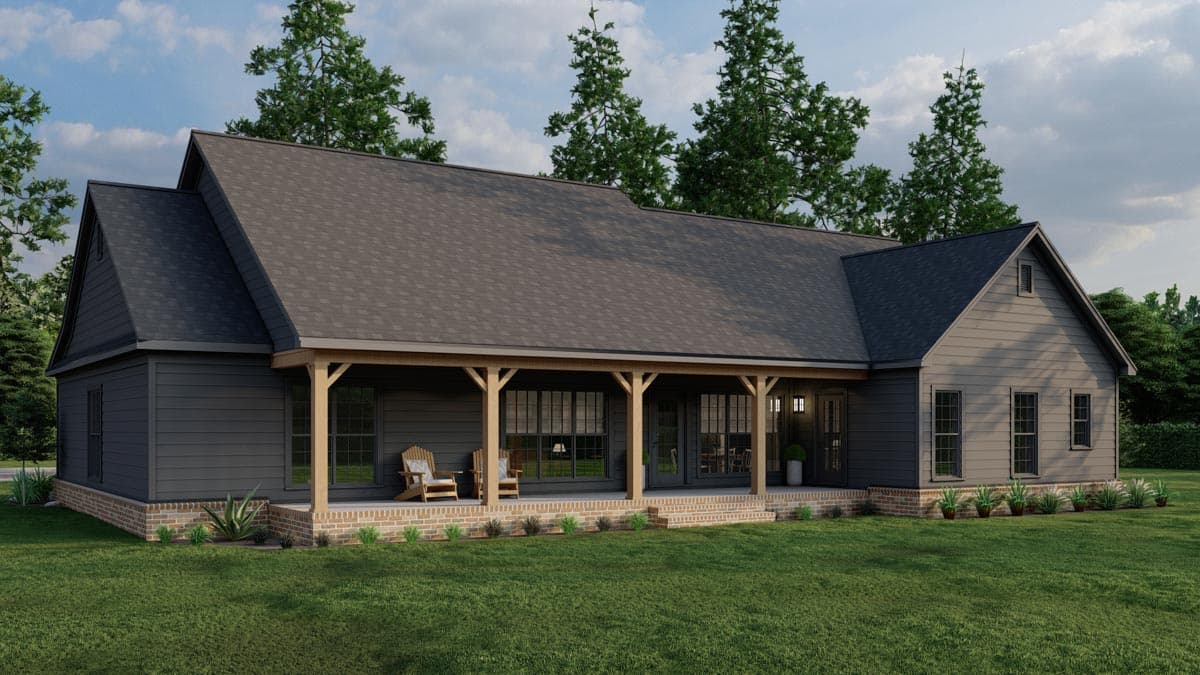 House plan exterior: Ranch style with a large covered porch supported by timber posts and a gabled dormer.