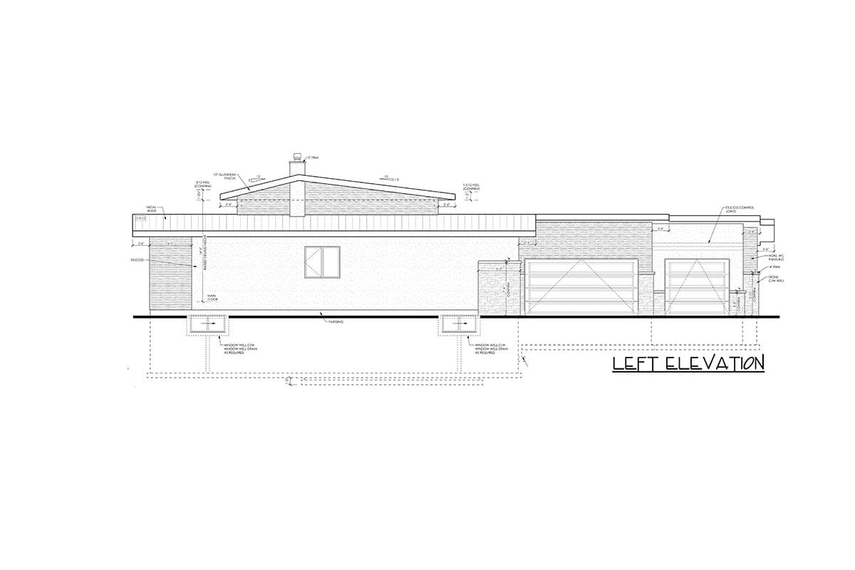 Left elevation of house plan showing two garage doors, metal roof, stucco, and stone accents.