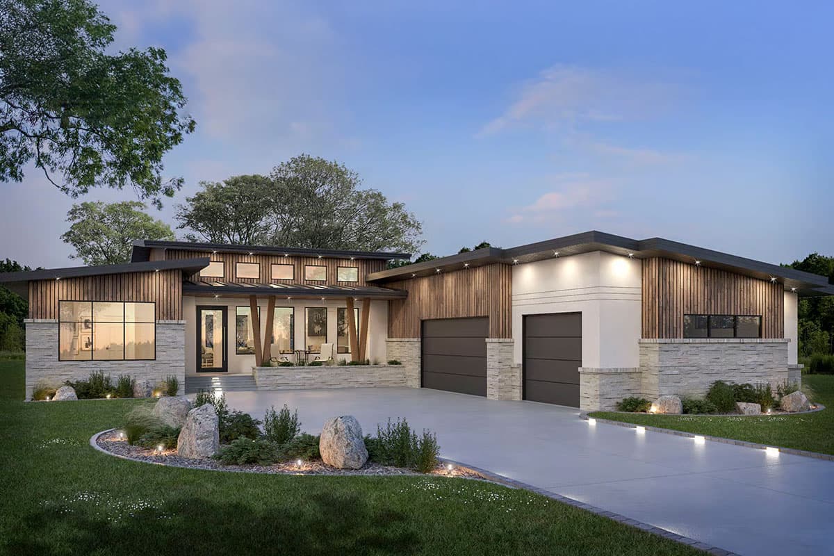 House plan exterior. Modern style with flat rooflines, wood siding accents, and a two-car garage. Features include a covered entry and stone facade.