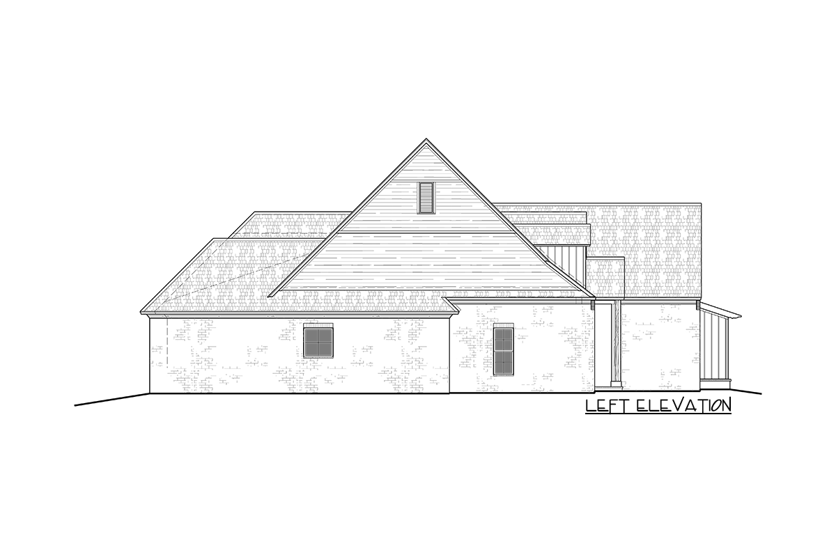 Left elevation of a house plan showing brick facade, gabled rooflines, and a covered porch.