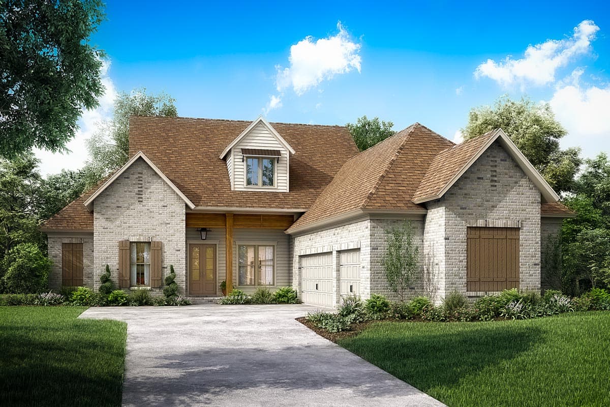 House plan exterior featuring a two-story design with brick facade, gabled roof, dormers, and a two-car garage. A front porch is supported by columns.