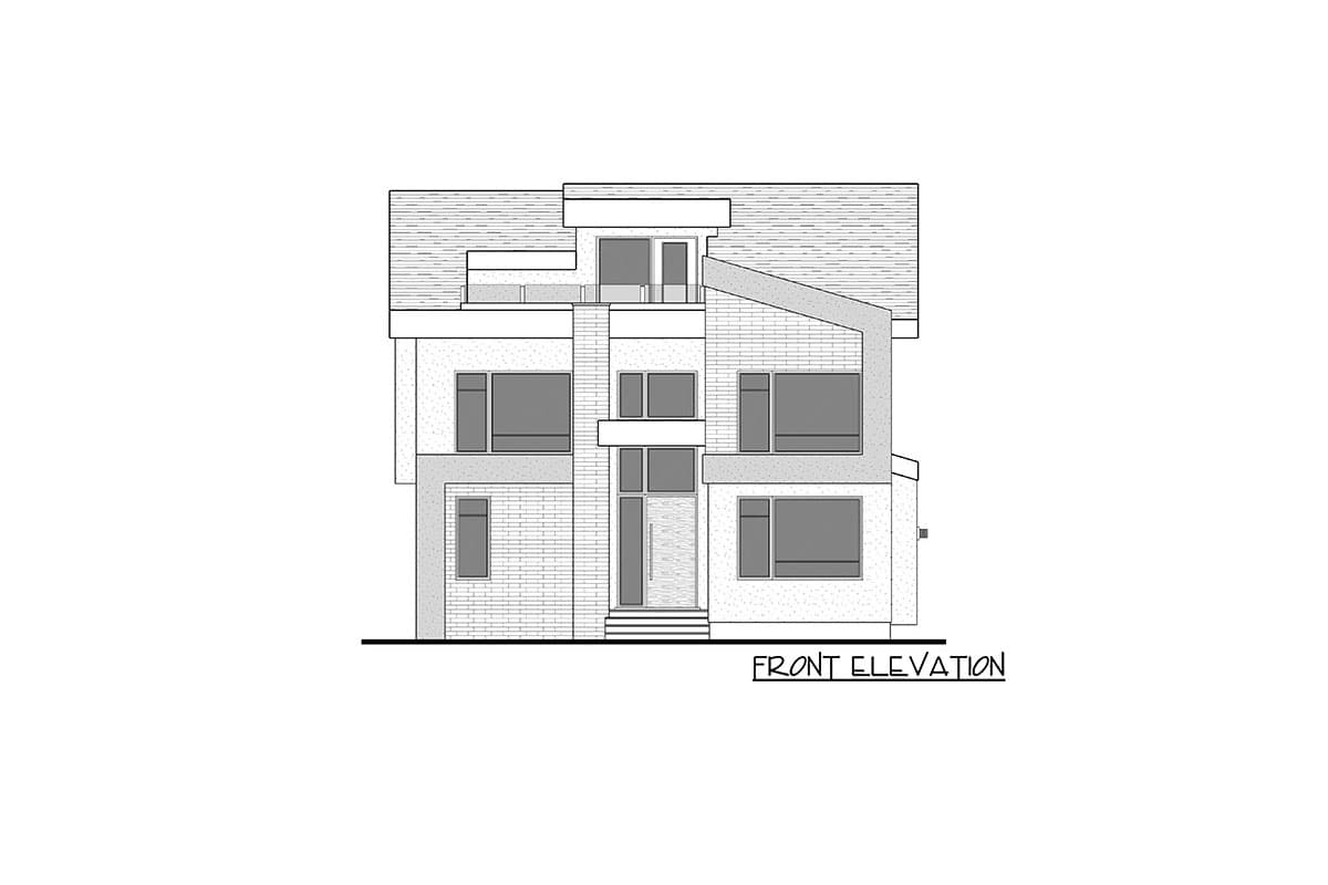 Front elevation drawing of a two-story modern house plan with asymmetric rooflines and large windows.