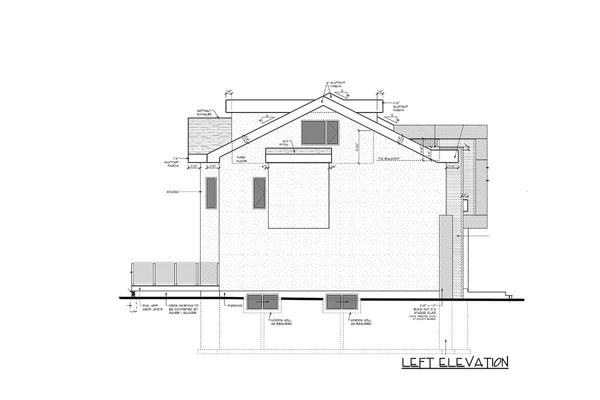 Architectural house plan: left elevation drawing showing a stucco exterior, asphalt shingles, and balcony.