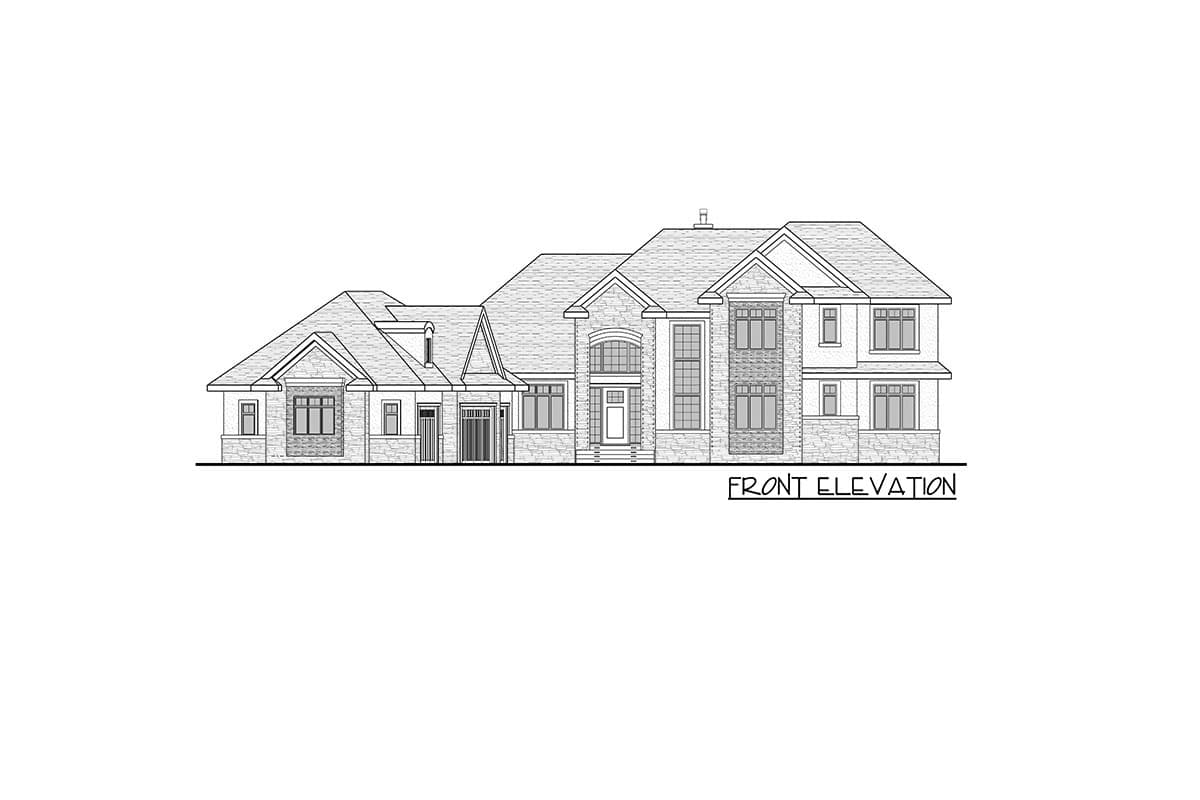 Front elevation drawing of a two-story house plan with multiple gables, dormers, and stone accents.